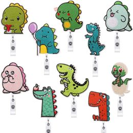 Notions Dinosaur Emboridered Retractable Badge Reels Holder with Alloy Alligator Clip Cute Cartoon Animal ID Card Decorative Badge Name Tag Holders