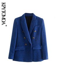 Womens Suits Blazers KPYTOMOA Women Fashion Tweed Double Breasted Blazer Coat Vintage Long Sleeve Flap Pockets Female Outerwear Chic Veste Femme 230209