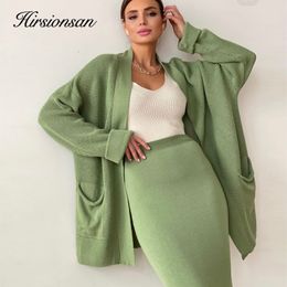 Two Piece Dress Hirsionsan Soft Vintage Lace Up Women Suits 2 Pieces Female Sets with Belt V Neck Cardigan Midi Ladies Knitted TrackSuit 230208