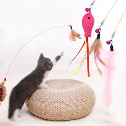 Pet Cat Teaser Toy Wire Dangler Wand Feather Plush Fish Caterpillar Interactive Fun Exerciser Playing Toy