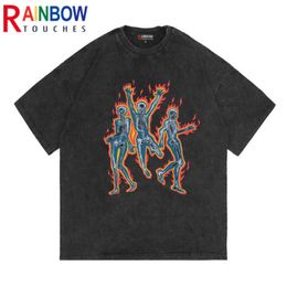 Erkek Tişörtleri Gökkuşağı Düzenleri 2022 Yaz Yarım Kollu T-Shirt Unisex High Street Vintage Grafik T gömlekleri Gevşek Sokak Moda Hip Hop T230209
