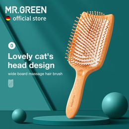 Hair Brushes MR.GREEN Hair Brush Wide Board Massage Natural Beech Cat's Head Design Comb Gasbag Hairbrush For Dry Wet Hair Detangler Women 230208