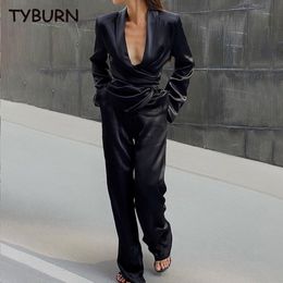 Women's Two Piece Pants TYBURN Elegant Lace Up 2 Trousers Set Balck Casual Satin Women Suit Autumn Long Sleeve Blazers With Wide Leg 230209