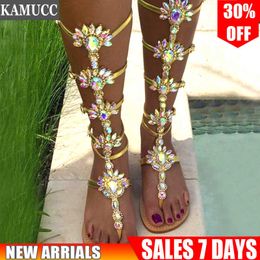 Sandals Woman Sandal Boots Rhinestone Lady Knee High Boots Thin High Heels Stiletto Crystal Dress Summer Shoes Sandalias Bohemia Style T230208