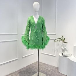 Casual Dresses 2023 Autumn Top Quality Green Open Waist Long Sleeve Ladies Feather Wrap Mini Dress For Party