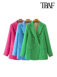 Women's Suits Blazers TRAF Women Fashion Double Breasted Candy Color Blazer Coat Vintage Long Sleeve Flap Pockets Female Outerwear Chic Veste 230209