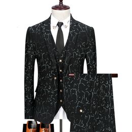 Mens Suits Blazers Blazer Pants Vest Men Wedding Dress Floral Print 3 Piece Set Male Luxury Bronzing Jacket Coat Trousers Waistcoat 230209