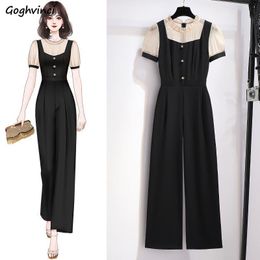 Women s Jumpsuits Romper Short Sleeve Overalls Long Straight Wide leg Bottoms Fashion Summer Korean Style Patchwork High Waist Chic Daily 230208