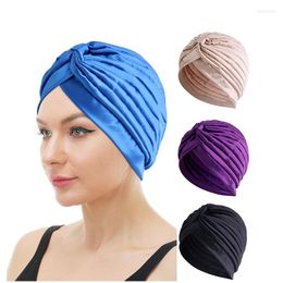 Ethnic Clothing Stylish Women Muslim Silky Satin Cross Ruffle Turban Hat Headwear Scarf Beanie Cancer Cap India HeadScarf Bandanas Lady Hair