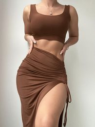 Two Piece Dress Set Outfit Women Crop Tank Tops Split Long Skirt Suits Summer Party Beach Maxi Dresses Clothes Wholesale Items 230209