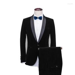 Men's Suits Mens Shawl Collar 2 Pieces Slim Fit Blue Burgundy Black Green Suit Velvet Tuxedo Jacket For Wedding(Blazer Pants Tie)