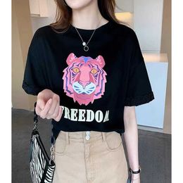 Women's T-Shirt Fashion T Shirt New Tiger Print Cotton Shirts O Neck Short Sleeve Tees Summer Woman Tops Oversized Y2302