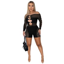 Hollow Out Rompers Spring Summer Clothes Women Long Sleeve Bodycon Jumpsuits One Piece Outfits Sexy Mesh Skinny Playsuits Club Wear 9246
