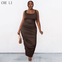 Plus size Dresses XL~5XL Selling Sexy Nightclub Tight-fitting Smocked Sleeveless Square Neck Coffee Colour Long Trendy Plus Size Women's Dress 230209