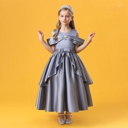 Girl Dresses Princess GreyFlower 2023 Kids Wedding Party Pageant First Communion Gown Satin Off The Shoulder Bridesmaid Dress
