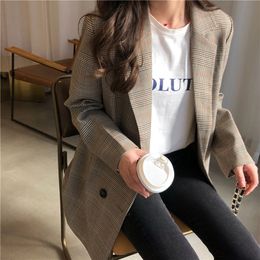 Womens Suits Blazers Office Ladies Notched Collar Plaid Women Blazer Double Breasted Autumn Jacket Casual Pockets Female Coat 230209