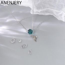 Chains ANENJERY Dainty 925 Sterling Silver Blue Crystal Fish Tail Necklace For Women Collares Clavicle Chain Birthday Gift S-N6771