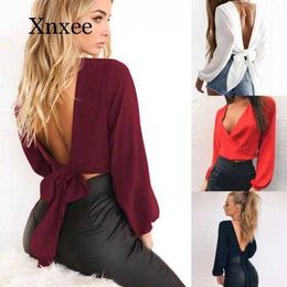 Women's T-Shirt Sexy Womens Ladies Blouse Summer Backless Tops Waist Tie Cross Long Sleeve Casual Y2302