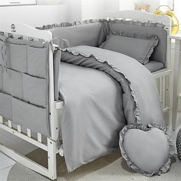 Bed Rails White Grey Baby ding Set Cotton Solid Pattern Pillowcase Duvet Cover born Cot Flat Sheet Sets 230209