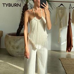 Women's Two Piece Pants TYBURN Sexy Halter Backless Tank Top Set Woman 2 Beige Pleated Female Elegant Skinny Slit Trouser Suits 230209