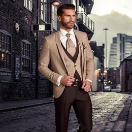 Men's Suits 2023 Classic Beige Brown Men Suit Set Groomsmen Tuxedo Groom Wedding Custom Made (Jacket Pants Vest)
