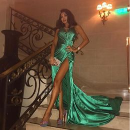 Long Sexy Green Prom Dresses High Slit Shiny Pleat Satin Formal Dress Plus Size Party Gowns Robe De Soiree Customize Evening Dress