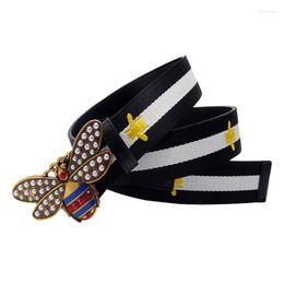 Belts Western Bee Embroidery Contrast Colour Canvas Leather Women Belt Fashion Rhinestone Peal Buckle Lady