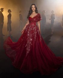 Red A-line Evening Dresses Sleeveless V Neck Feather Shiny Beaded Appliques Sequins Floor Length Celebrity Lace Ruffles Formal Prom Dresses Gowns Party Dress