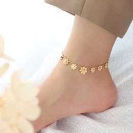 Link Chain 316L Stainless Steel New Fashion Upscale Jewelry Elegant Daisy 7 Flowers Charm Chain Bracelets Anklet Choker Necklaces For Women G230208