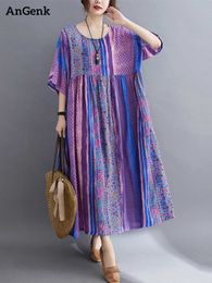 Casual Dresses Short Sleeve Cotton Linen Vintage Purple Floral For Women Loose Long Summer Dress Elegant Fashion Clothing 2022 Y2302