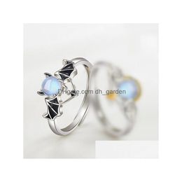 Solitaire Ring Creative Angel And Devil Moonstone Fashion Opening Adjustable Male Female Couple Rings Drop Delivery 202 Dhe8L