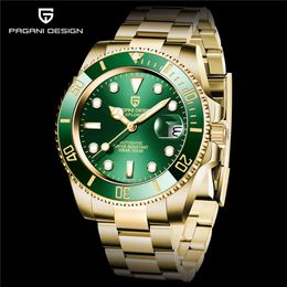 PAGANI Design Full Gold Green Ceramic Bezel Watch Dive Watches Automatic Mechanical Movement Men Stainless Steel Waterproof Wristw289G