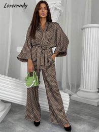 Women's Two Piece Pants Ice Silk Printed Long sleeved Trousers Suit Waist Lace up Gown Wide Leg 2 Sets Spring And Summer Home For Women 230209