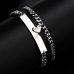 Link Chain 2Pcs Heart Charm Silver Color Stainless Steel Couple Bracelet Link Women Men Gift Matching Jewelry For LGBT Valentine's Day G230208