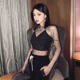 Women's T-Shirt KLV Women Summer Sexy Sheer Mesh Flare Long Sleeve Glitter Rhinestone Diamond Fishnet Shirts Beach Cover Up Crop Top Y2302