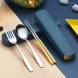 Dinnerware Sets 3Pcs Portable Stainless Steel Cutlery Set With Box Square Chopsticks Thickened Handle Fork Spoon Travel Tableware For