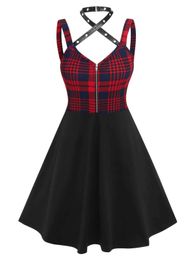 Casual Dresses A Line Mini Sleeveless Plaid Print Lace-Up Front Buckle Strap Chic Retro Robe for female Y2302