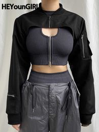 Women's T-Shirt HEYounGIRL Super-short Black Jacket Zipper Long Sleeve Harajuku Cropped Tshirt Gothic Techwear Fashion Korean Tee Punk Street Y2302