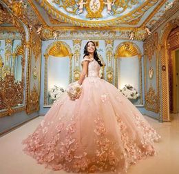Pink Ball Gowns Quinceanera Dresses Flowers Lace Sweetheart Off The Shoulder Sweet 15 Girls Princess Prom Dress Vestidos De BC14543
