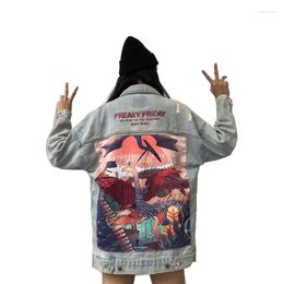 Men's Jackets Hop Men's Hip Ripped Jacket Cartoon Animal Printed Patchwork Denim Couples Chic Coat