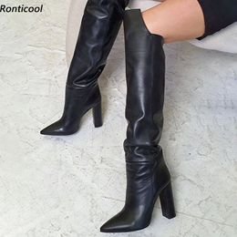 Ronticool Handwork Women Winter Knee Boots Keep Warm Chunky Heels Pointed Toe Classics Black Casual Shoes Plus US Size 5-15