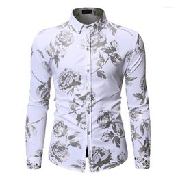 Men's Casual Shirts White Rose Floral Shirt Men Chemise Homme 2023 Fashion Slim Fit Long Sleeve Mens Dress Party Business