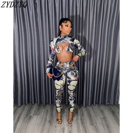 Women's Two Piece Pants ZYDZYQ Spring Summer Three Set Women Fashion Print Sexy Bikini Crop Top Sets Lounge Club Streetwear Wholesale Items 230209