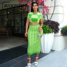 Two Piece Dress BIIKPIIK Multi Colour Plaid Sets Women Short Sleeve Crop Top Skinny Midi Skirts Sports For Sexy Festival Set 230209