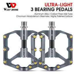 Bike Pedals WEST BIKING Ultralight MTB Aluminium Pedals Cr-Mo Shaft Carbon Fibre Tube Bicycle Flat Pedals BMX Road 3 Bearings Cycling Pedals 0208