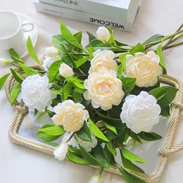 Decorative Flowers & Wreaths 58cm Single White Camellia Artificial Bouquet Wedding Bride Holding Fake Home Party Decoration High Simulation1