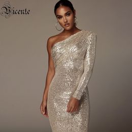 Casual Dresses VC Sexy One Shoulder Dress Women Sparkle Glitzy Sequins Dress Mesh Patchwork Celebrity Christmas Party Vestidos 230209