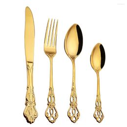 Dinnerware Sets European Style Stainless Steel Hollow Embossed Dessert Mini Spoon Fork Creative Retro Gilded Tableware Kitchen Accessories