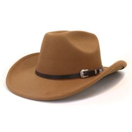 Vintage Western Cowboy Hat with Black Belt Mens Felt Fedora Hat Women Jazz Cowgirl Cap Cloche Church Sombrero Hombre Caps
