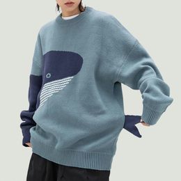 Men's Sweaters Hip Hop Men's Knitted Sweaters Harajuku Cartoon Lonely Whale Print Jumper Fashion Oversized Casual Loose Pullover Unisex Outwear 230209